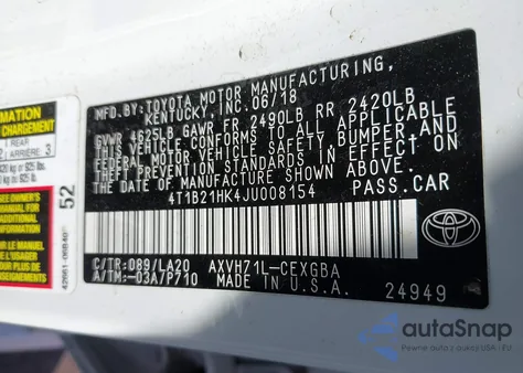 2018 Toyota Camry Hybrid Xle z USA, uszkodzony, nr VIN 4T1B21HK4JU008154